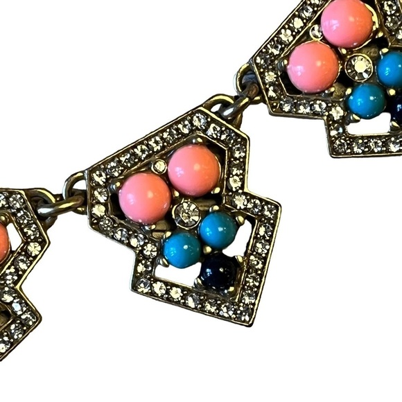 J Crew Antique Look Statement Bib Necklace Gold Peach Blue Rhinestones - Picture 1 of 7